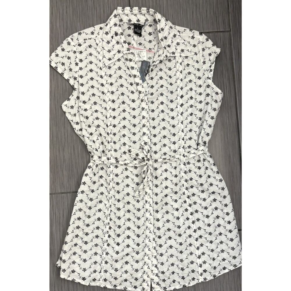 Antilia Femme Women’s White Floral Shirt Dress Size Large Sleeveless Embroidered